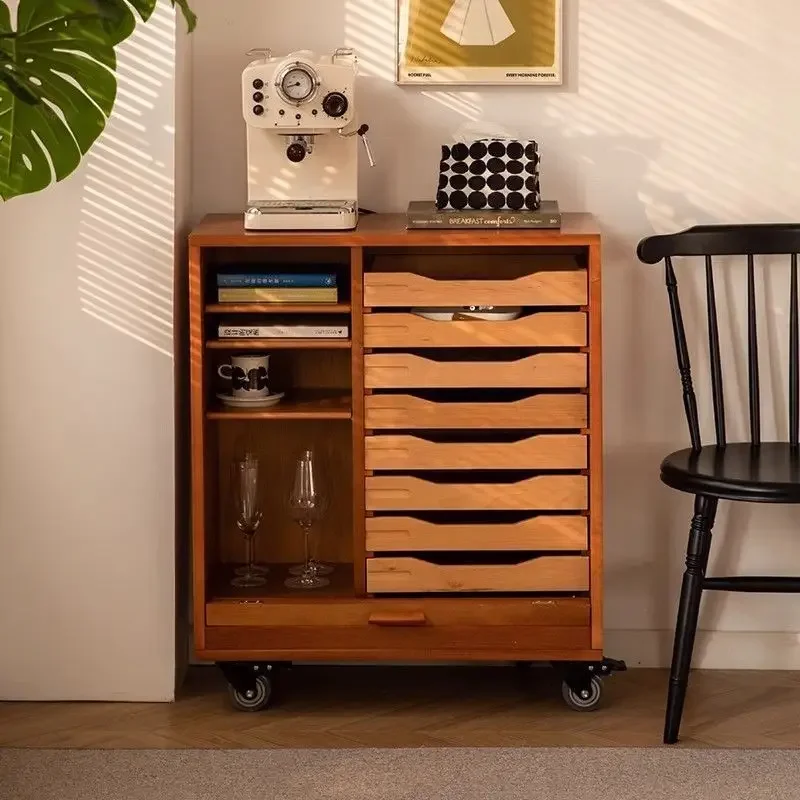 Movable rolling shutter door cabinet, achieving professional-level storage aesthetics with solid wood warmth
