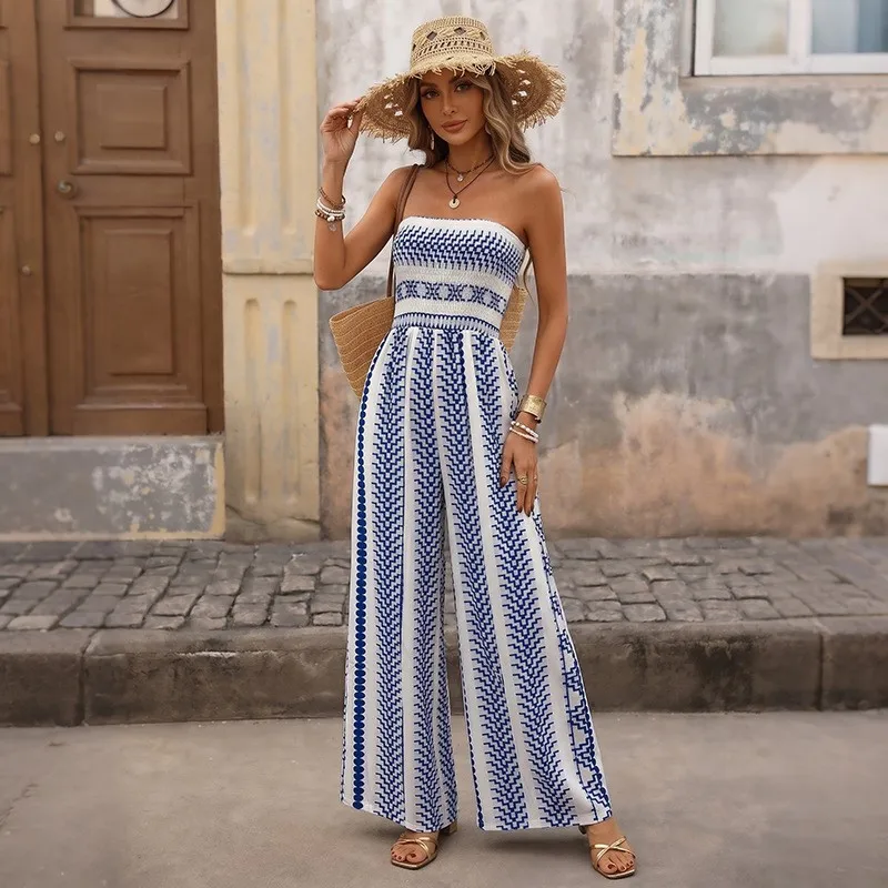 Chic Bohemian Color Blocked Sleeveless Jumpsuit Female Fashion Printed Loose Wide Leg Jumpsuits Lady Sexy Chest Hugging Rompers