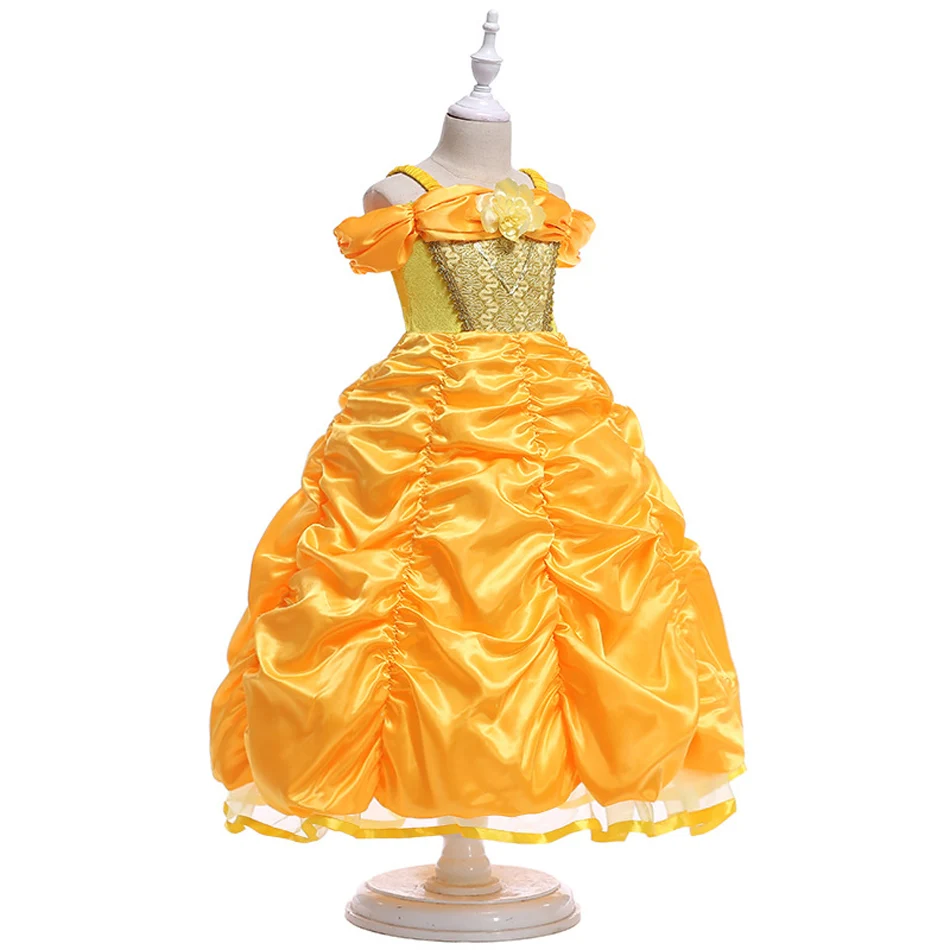 Disney Princess Belle Cosplay Costume Kids Yellow Sleeveless Flower Long Gown Children Beauty and the Beast Fancy Disguise