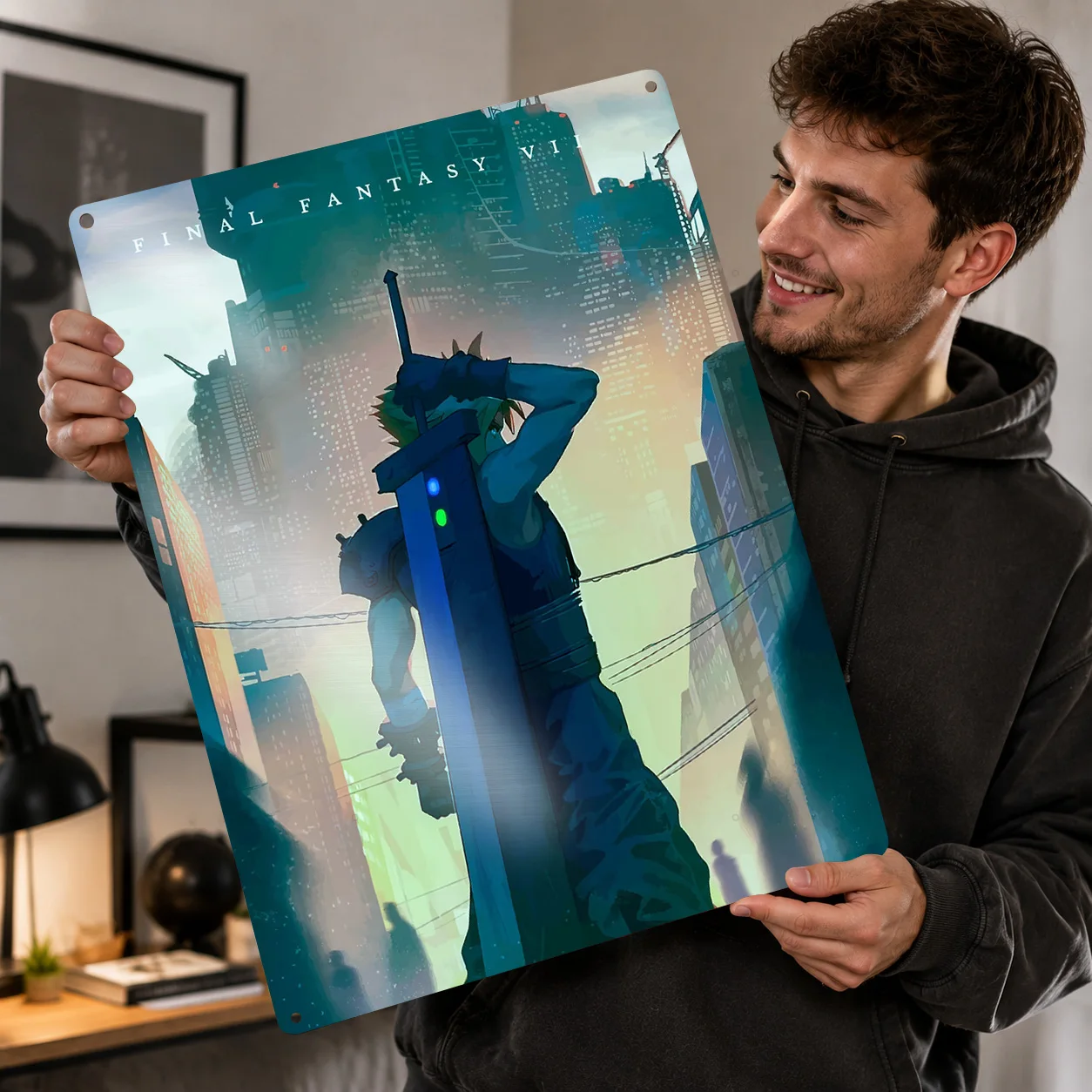 Final Fantasy VII: Cloud Strife in Midgar 3D Printed Texture Poster Personalized Wall Art Retro Metal Tin Signs for Wand Deko