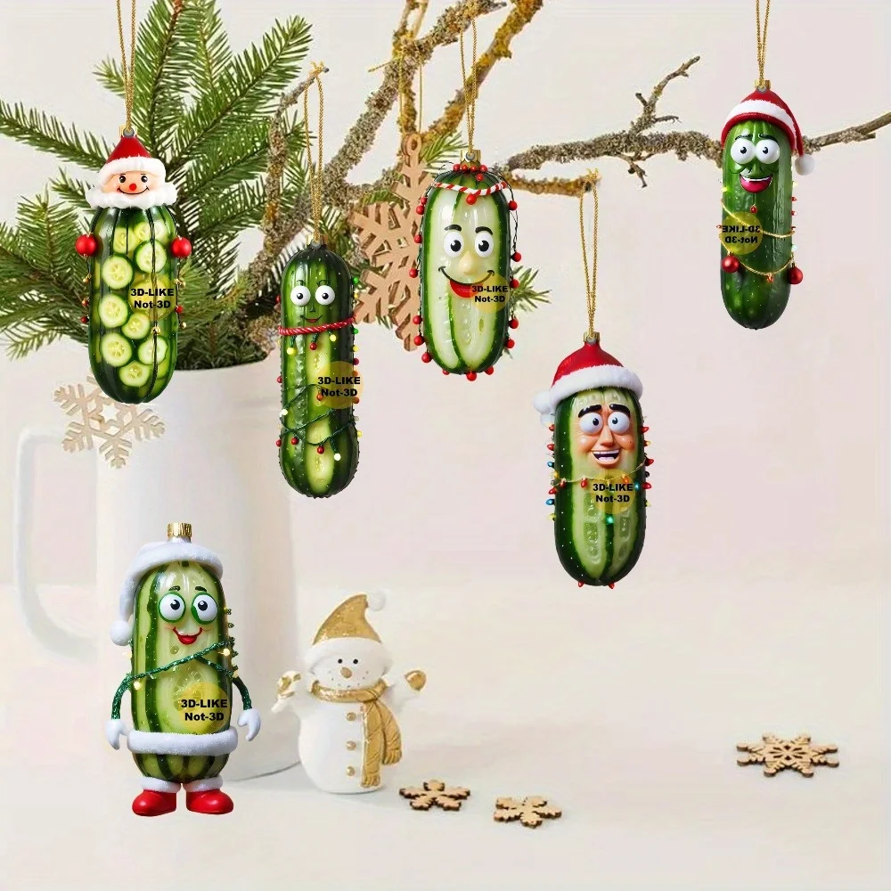 Gurkenaufhänger aus Acryl mit Weihnachtsmütze, lustiges 3D-ähnliches lächelndes Gurkendekor für die Weihnachtsbaumdekoration im Auto