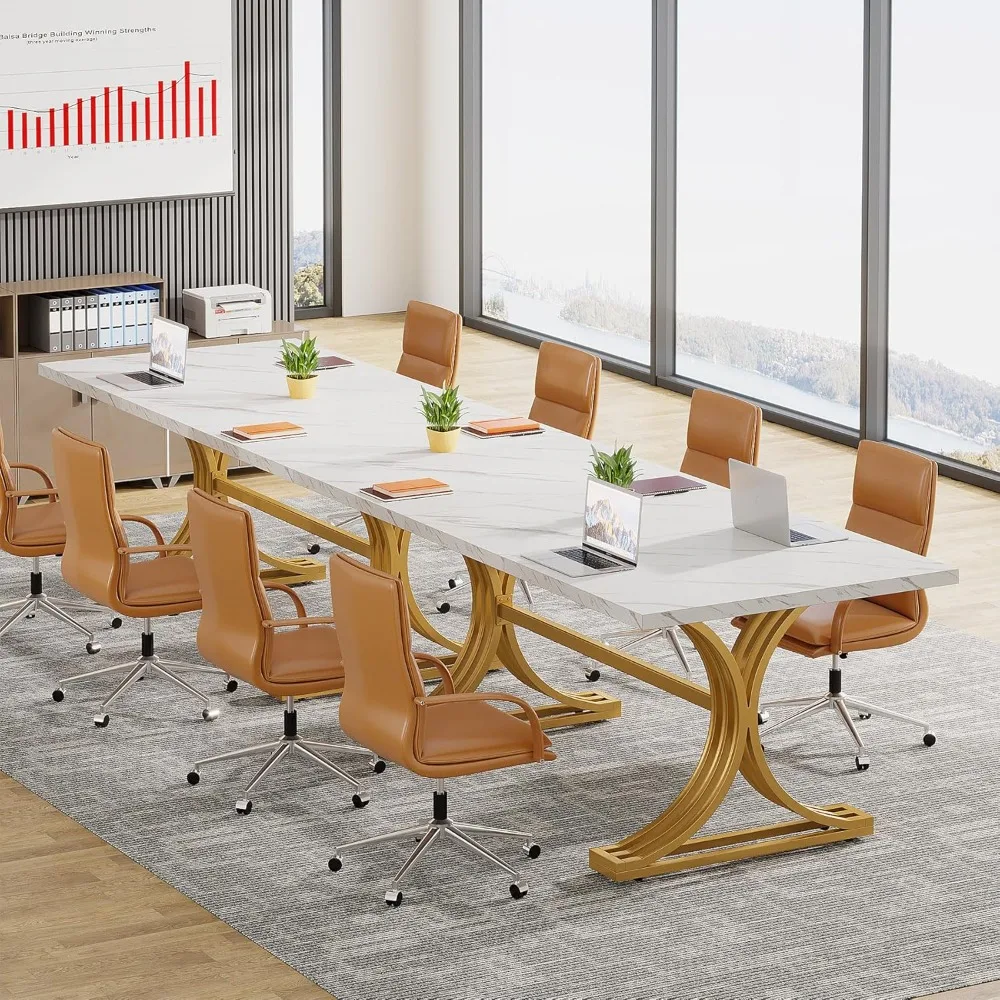 

Conference Table 10.5FT Faux Marble, Modern Meeting Table with Gold Legs for 8-10 People, Rectangle Seminar Boardroom Table