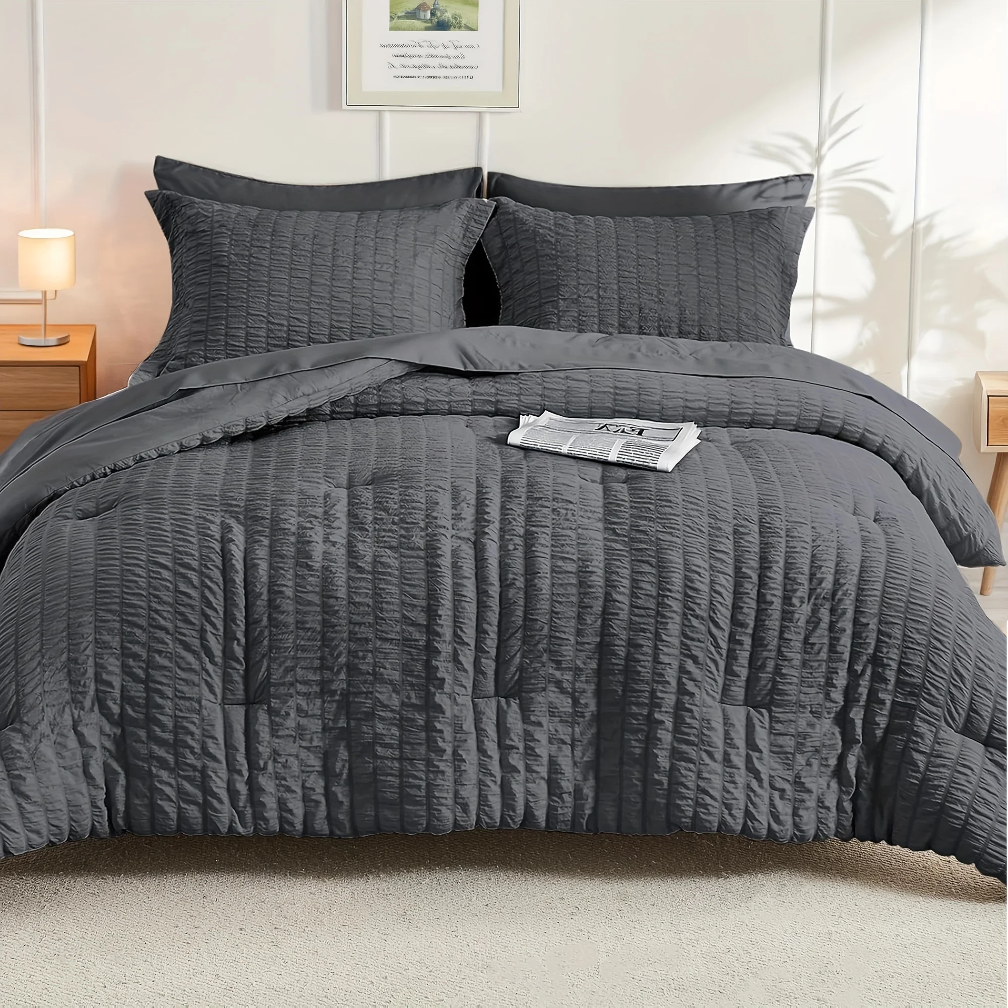 7pcs Seersucker Textured Comforter Set | Grey Polyester Bedding with Comforter, Pillow Sham, Flat Sheet, Fitted Sheet, Pillowcas
