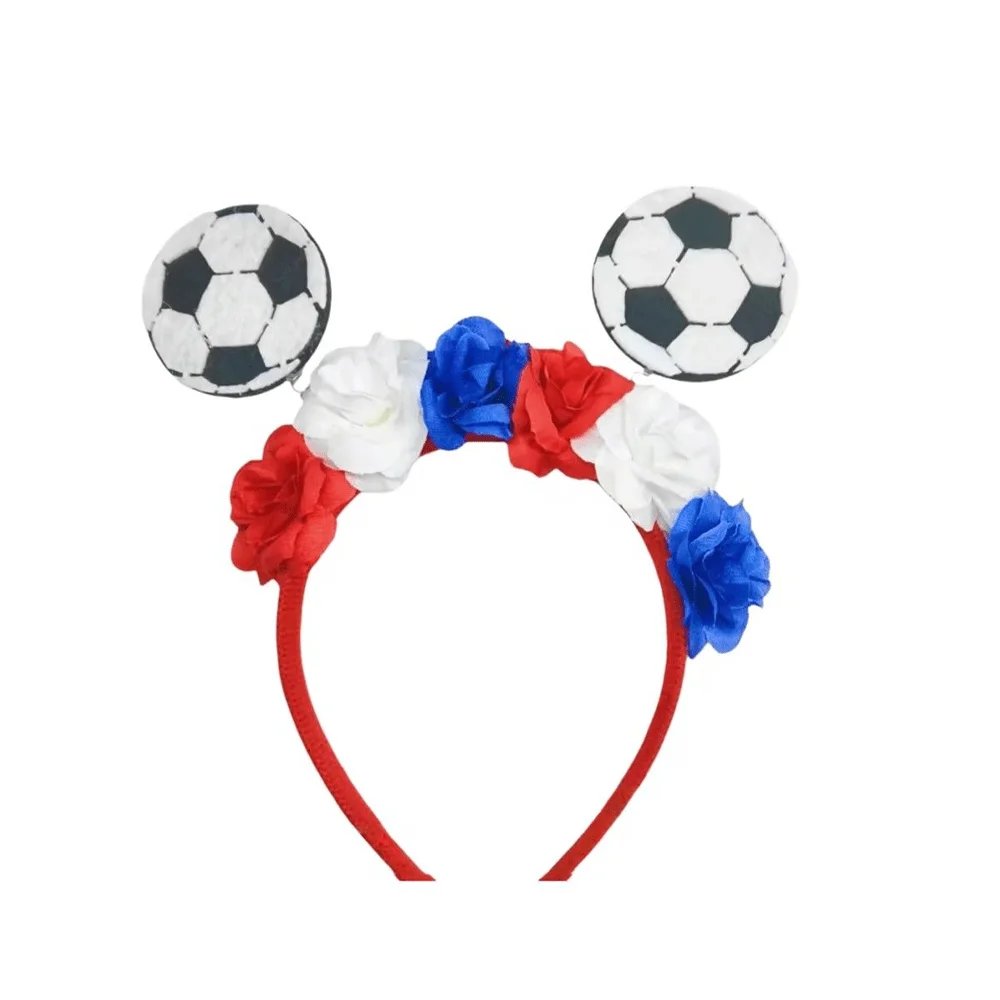 PESENAR Fun Patriotic Soccer Ball Headband with Red White Blue Flowers, Cute Football Fan Accessory for World Cup