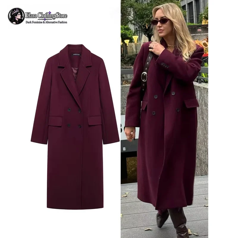 Women Classic High Street Long Coat Double Breasted Notched Lapel Long Sleeve Flap Pockets Relaxed Fit Autumn Winter Outerwear