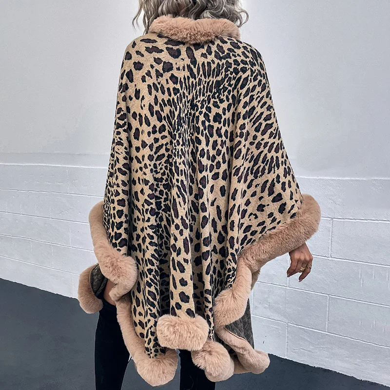 Women's Leopard Print Faux Fur Collar Cape - 2023 Knit Cardigan Shawl | Euro Us Autumn Winter Warm Outerwear