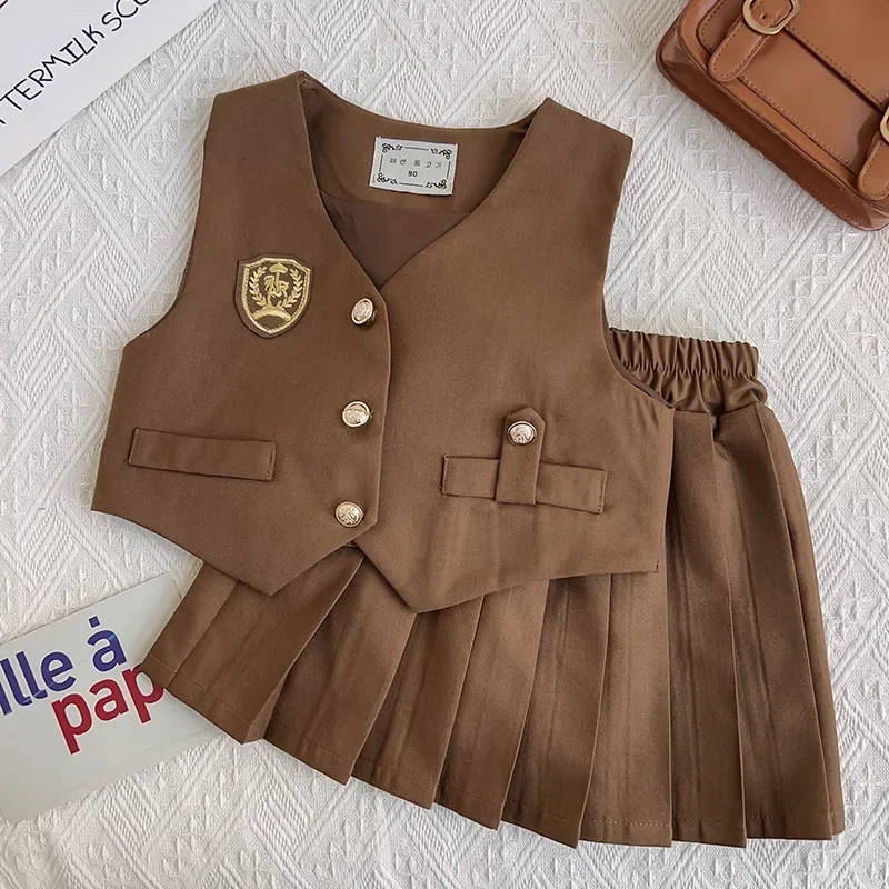 

Girls' Clothing Set Academy Style Set Spring Autumn British Style Lapel Striped Shirt+V-neck Vest + Pleated Short Skirt Set 3Pcs