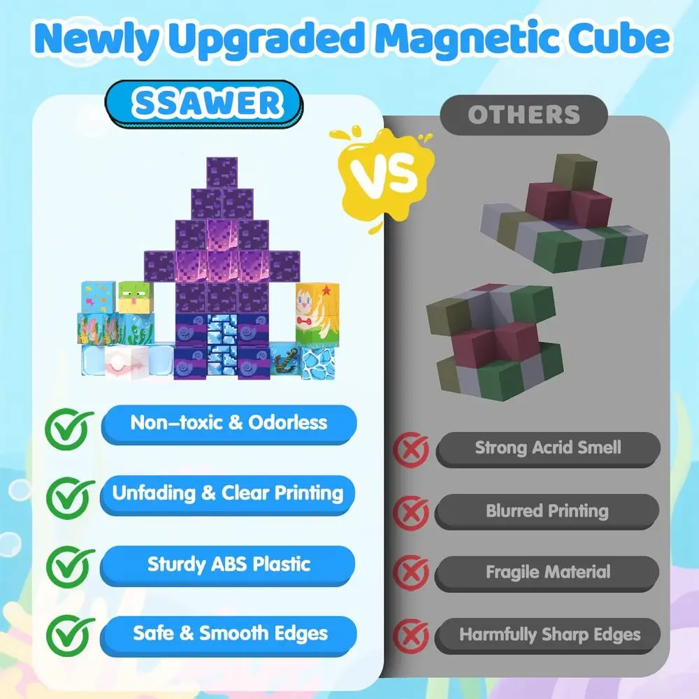 100개 자석 블록 세트, 3세 이상 어린이를 위한 교육용 STEM 장난감, 이상적인 크리스마스 또는 생일 선물 (해양 세계)