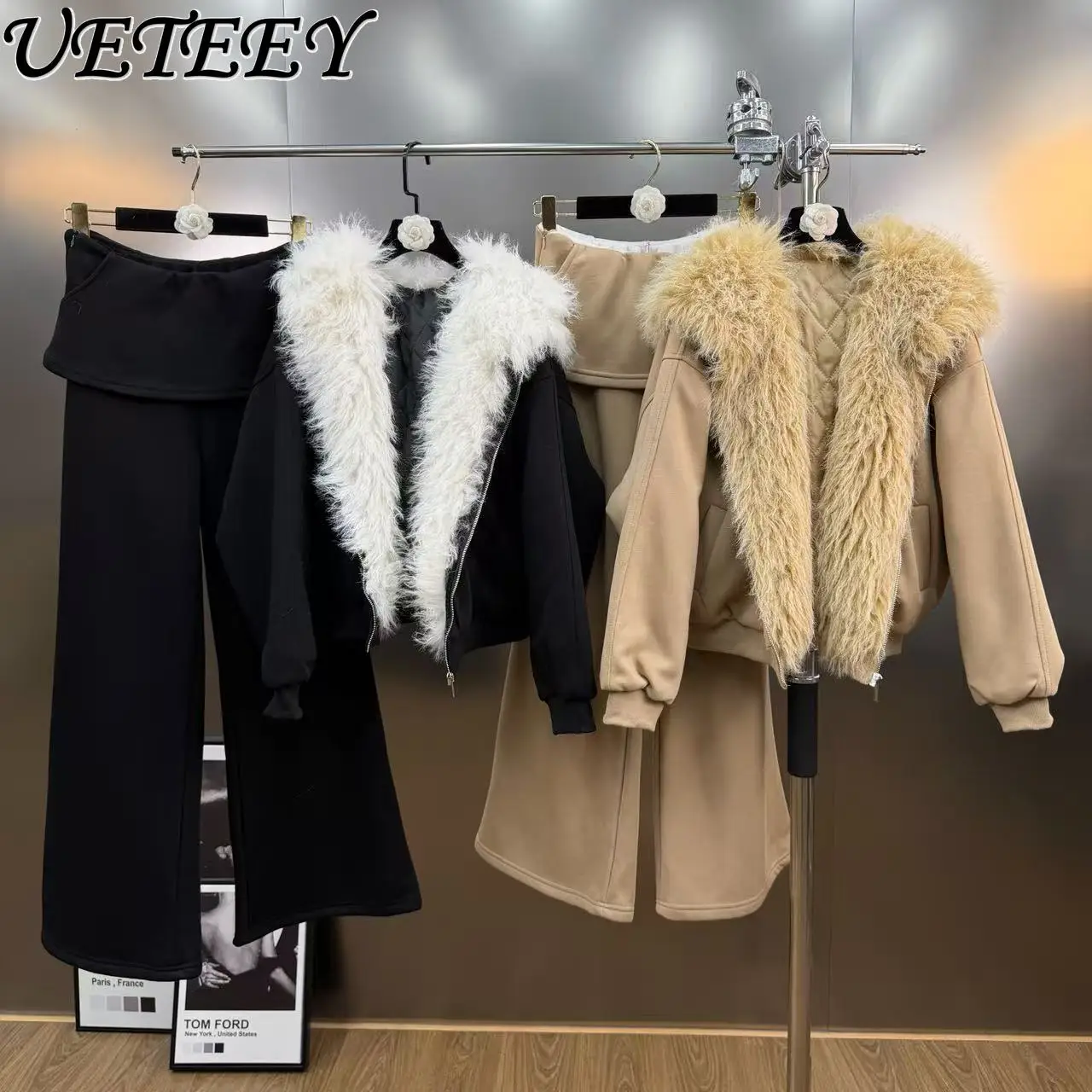 

Autumn Winter Two-Piece Set Quilted Thick Hooded Sweatshirt Versatile Zipper Long Sleeve Jacket and Casual Wide-Leg Pants