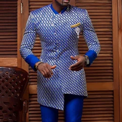 Chemise décontractée à col montant de style national pour hommes, haut imprimé bleu, manches longues, 4XL, vêtements africains, été, américains