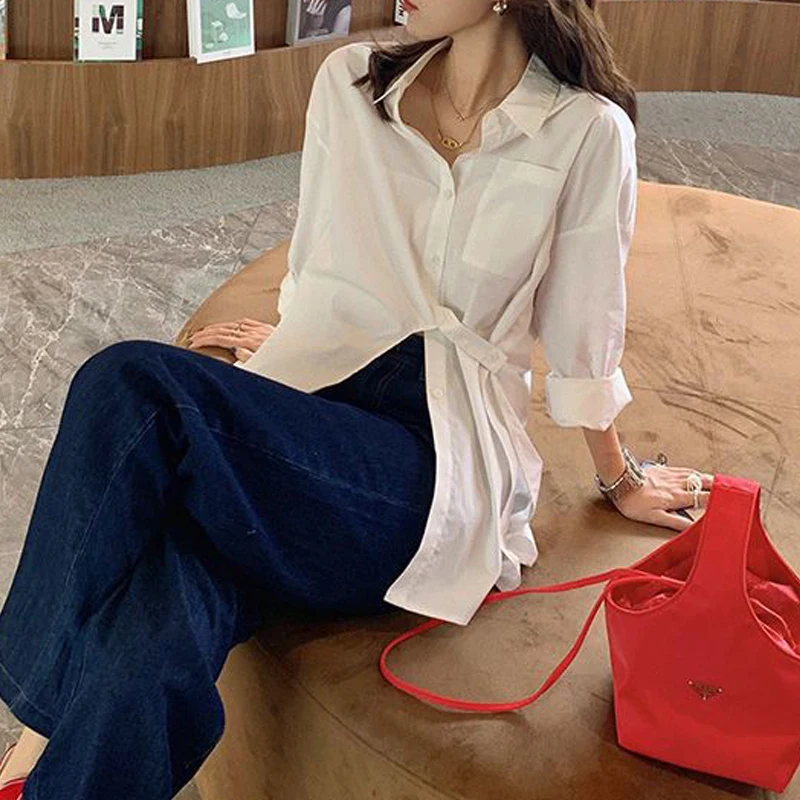 Women Trendy Vintage Asymmetrical Design Button Shirts Simple Chic Slit Loose Blouse Female Solid Long Sleeve Tops Casual Blusas