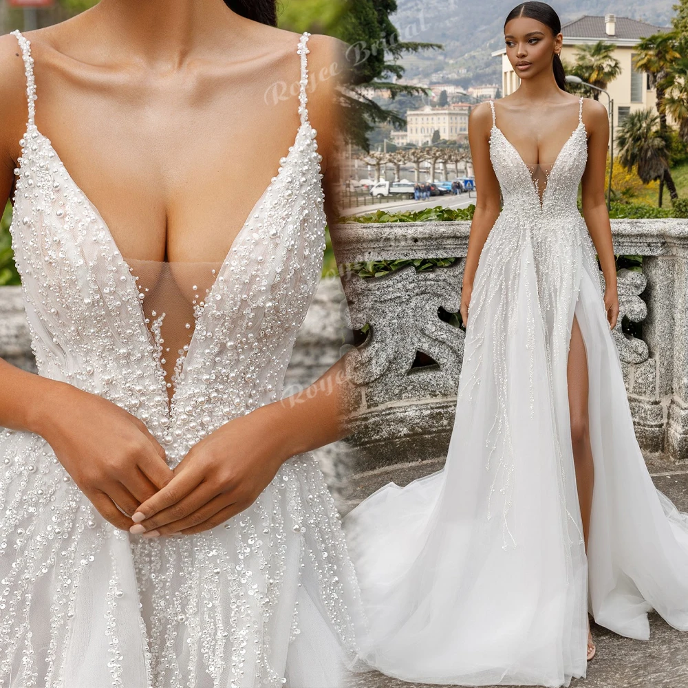 Elegant Beaded Pearls Sexy A Line Wedding Dresses 2027 Backless Deep V Neck Customized Beach Bridal Gown Custom Vestido De Novia