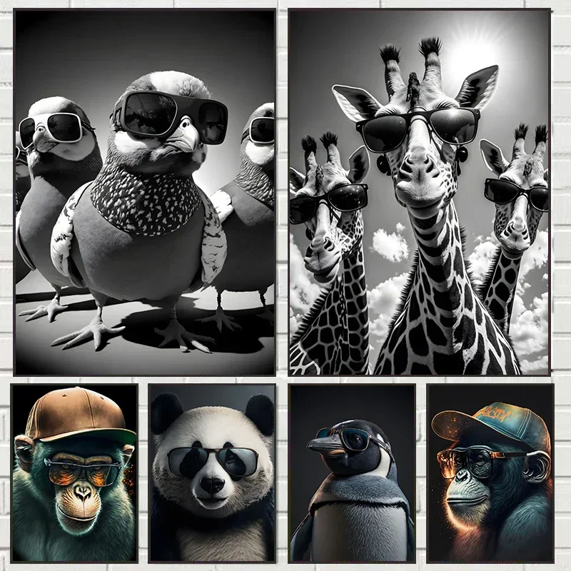Funny Animal with Glasses Poster Print Canvas Painting Giraffe Panda Monkey Wall Art Picture Living Room Home Decoration