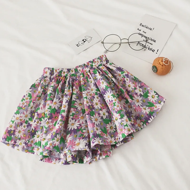 Girls\' Shorts Cute Summer Dress Western Style Thin Cotton Wide Leg Pants Baby Little Floral Daisy Culottes Skirt for Kids