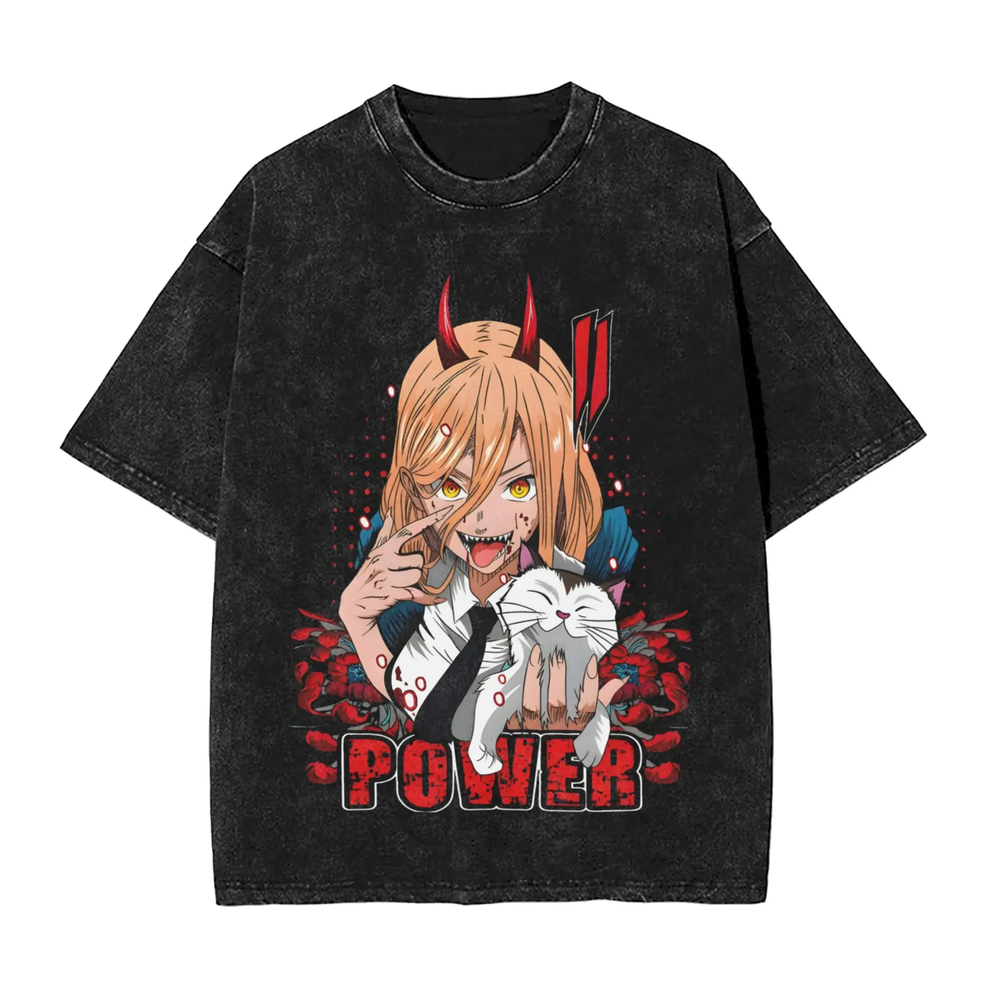 Couple T-Shirt Chainsaws Man Washed T-Shirts Trending Power Devil Girl  Summer Tee Shirt Y2K Retro Print Cotton Tops Gift Idea