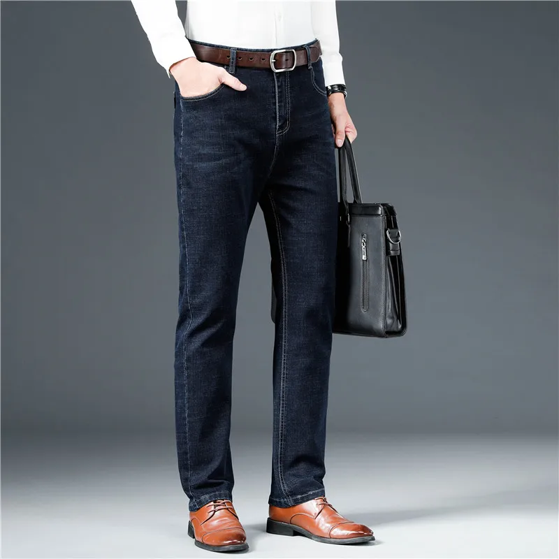 Autumn Winter Men's Jeans Fleece-Lined Thickened Trousers Straight Slim Fit Warm Mens Pants Business Casual Fashion Jeans