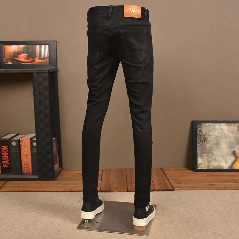 Jeans rasgado preto elástico para homens, calça lápis, jeans elástico, designer vintage, hip hop, moda de rua