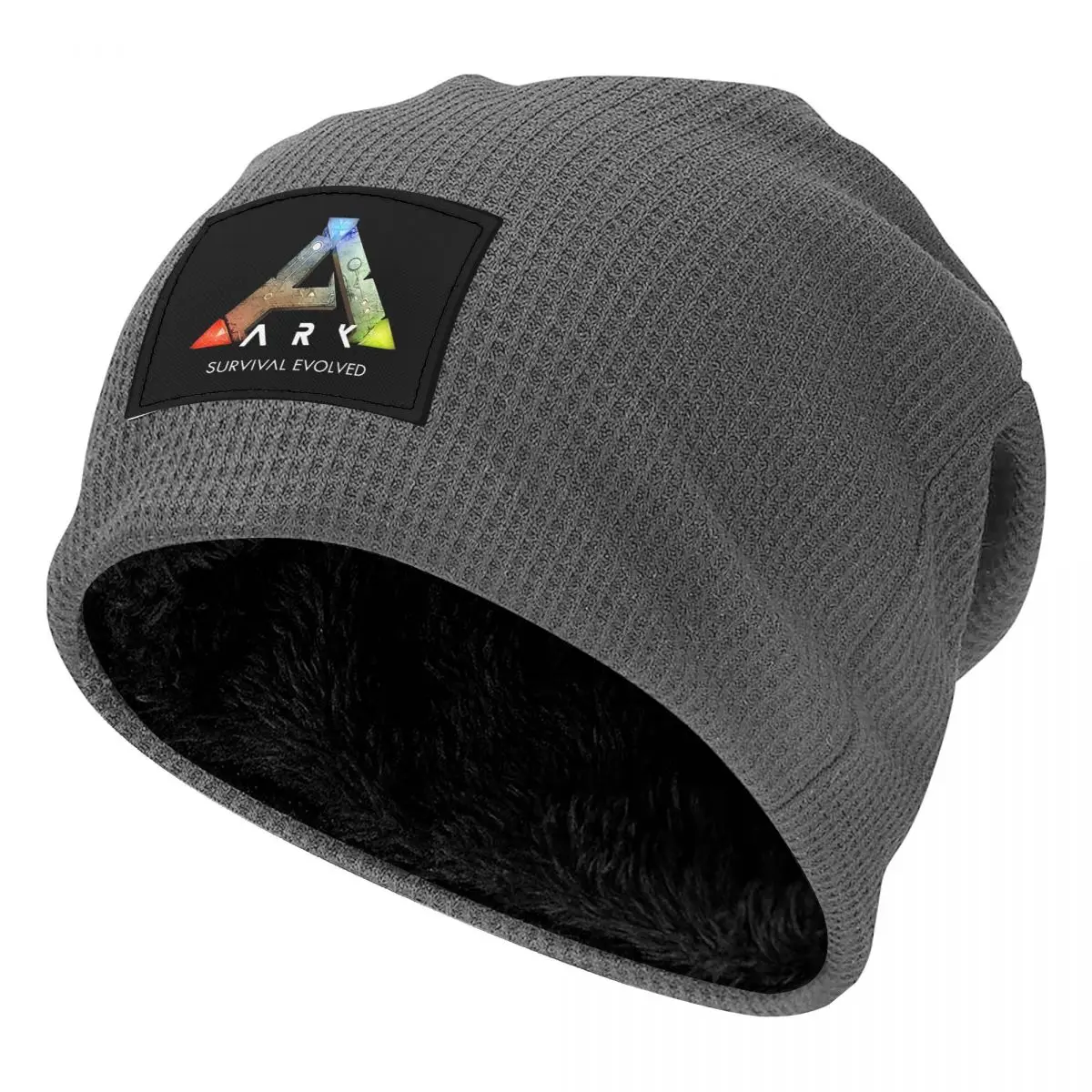 Bonnet en tricot gaufré noir Ark Survival Evolved, doublé en polaire, avec écusson en cuir PU, bonnet d'hiver chaud et doux unisexe