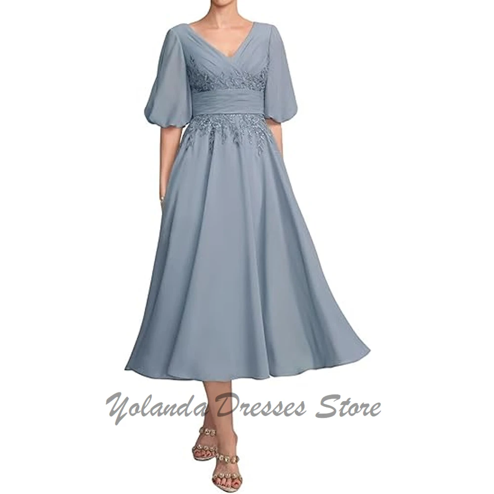 

Elegant Half Sleeves Bridesmaid Dresses V Neck Lace Up Back Formal Dresses Tea Length Appliques Lace Evening Gown Draped Pleated