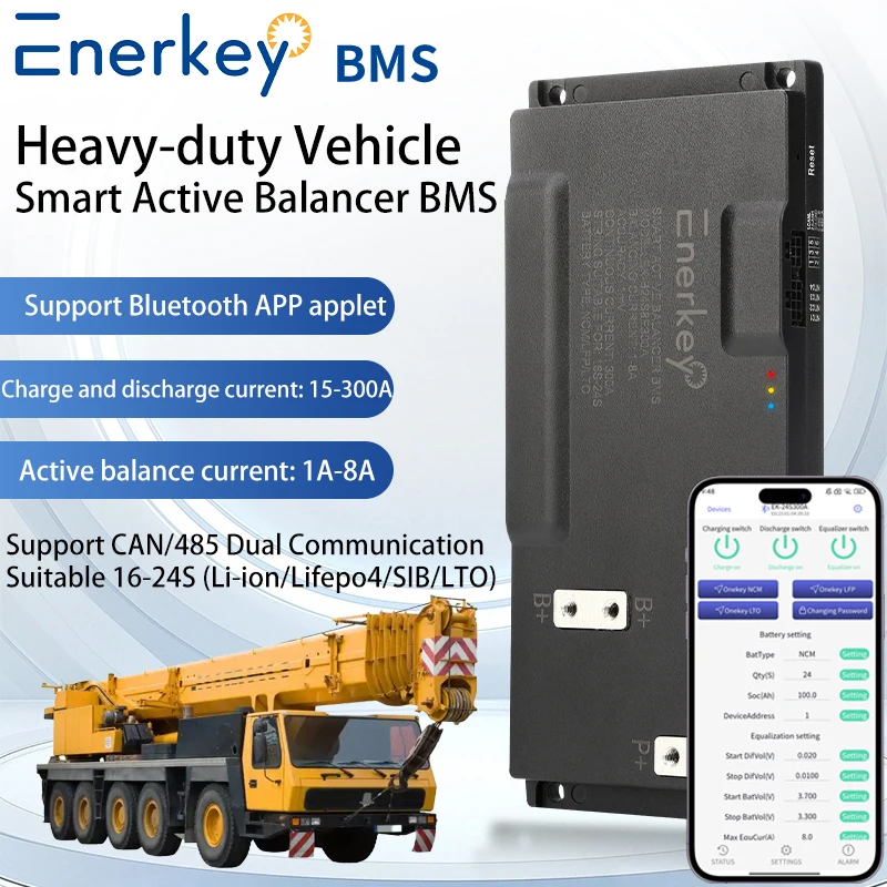 Enerkey 8A Smart Active Equalizer 16S 17S 18S 19S 20S 21S 22S 23S 24S 15A-300A NCM/LFP/LTO Battery BMS with Bluetooth CAN RS485