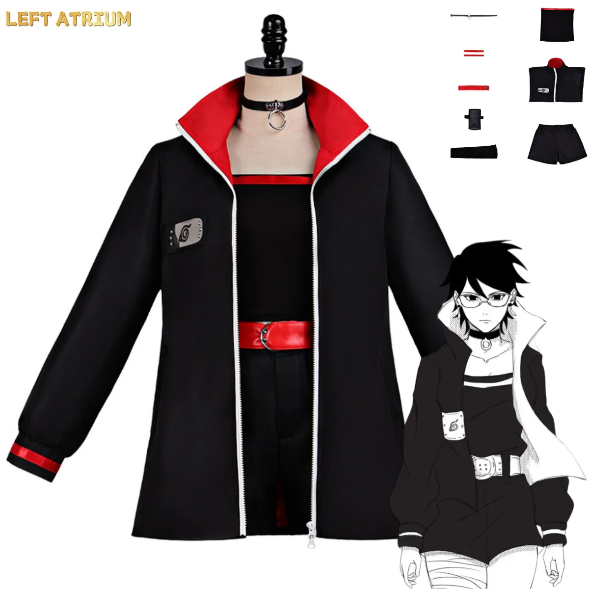 

Anime Uchiha Sarada Cosplay Costume Battle Uniform Black Coat Shorts Accessories Adult Woman Sexy Carnival Christmas Suit