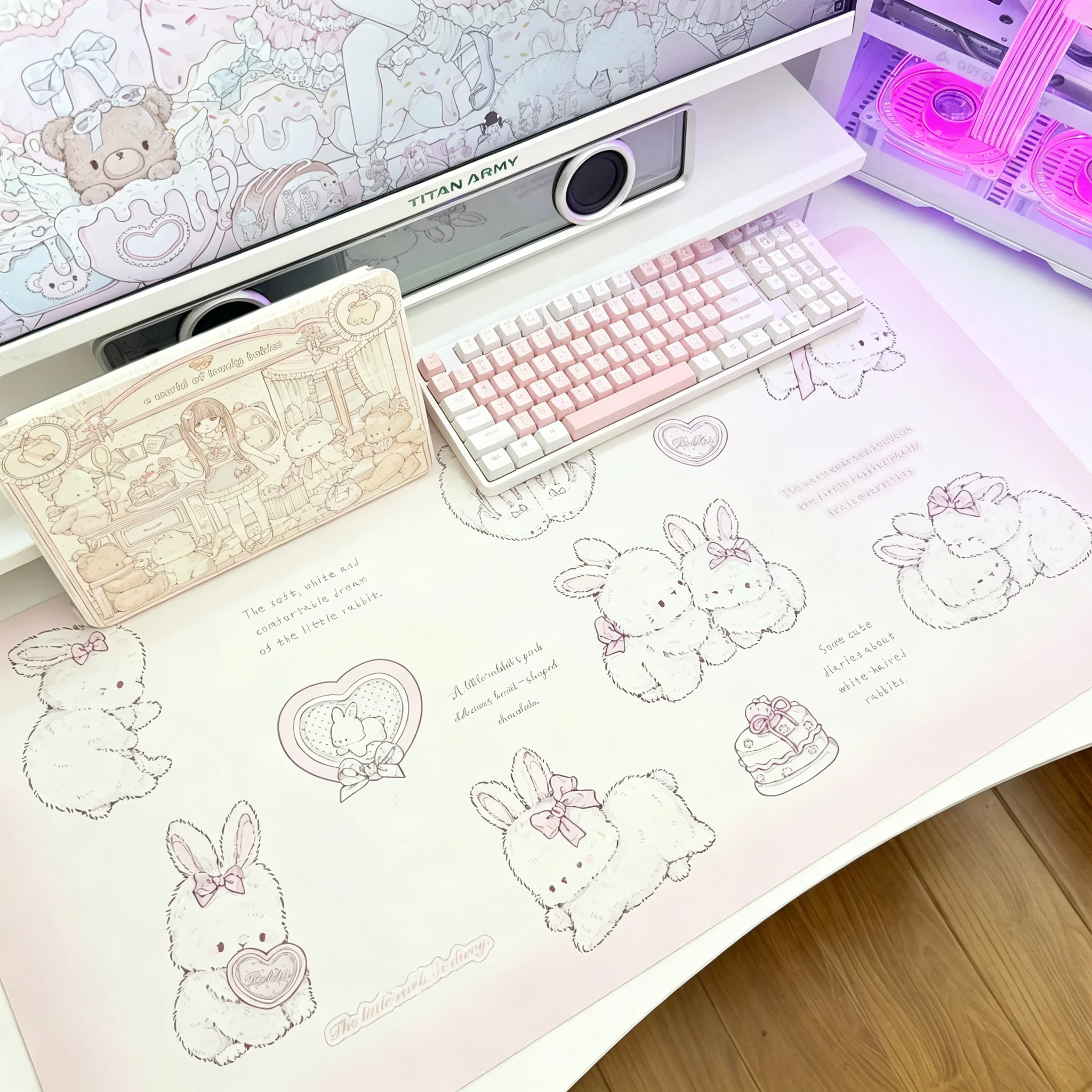Leather Desk Pad Protector Bow Pink Polka Dots Rabbit Kawaii Mouse Pad Office Desk Mat Waterproof Non-Slip PU Desk Blotter Pad