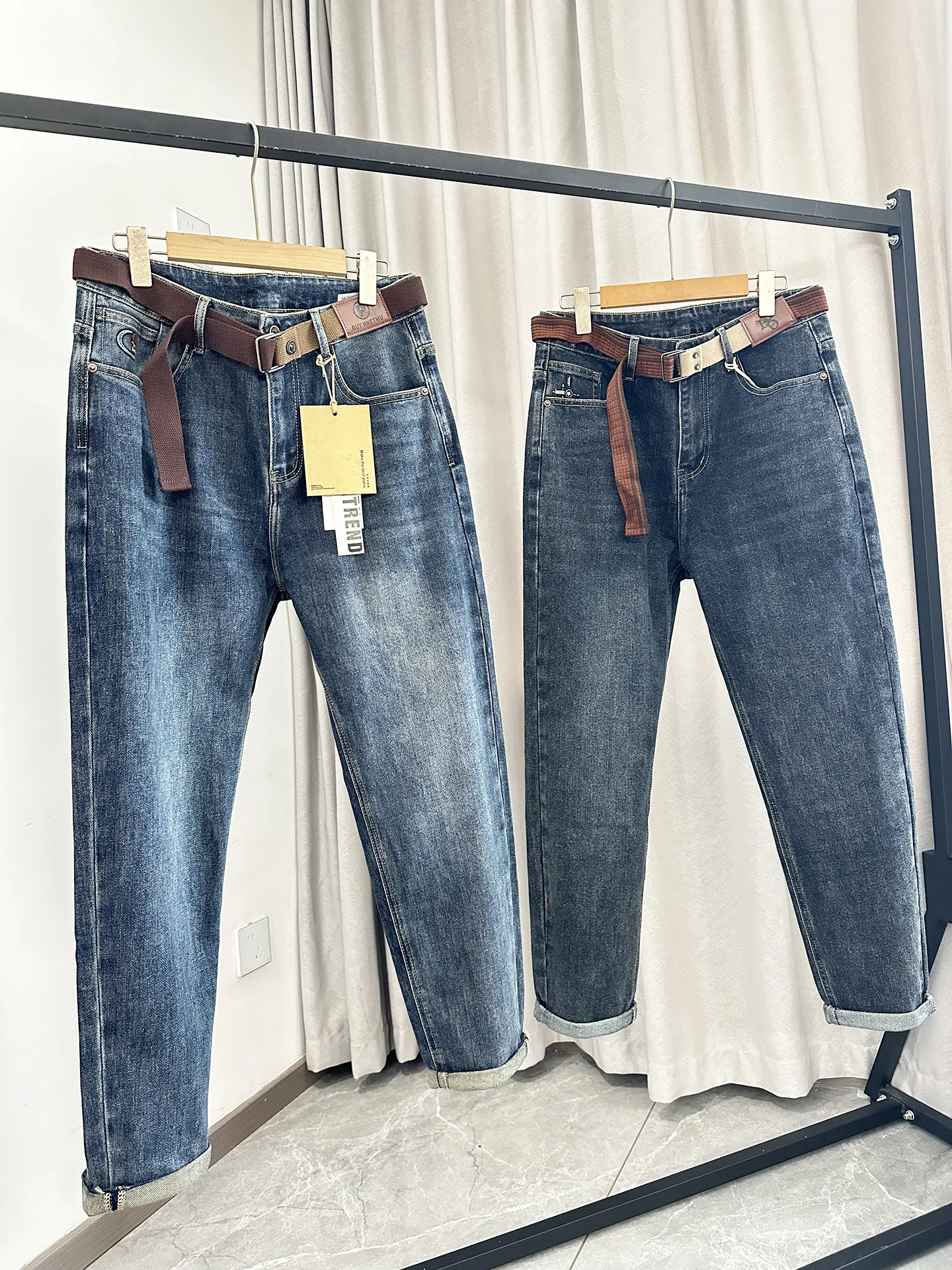Retro Washed Craft Men's Comfortable Elastic Cuffed Casual Denim Jeans Trendy Cone Shape Autumn Season mid Waist Zipper Closure