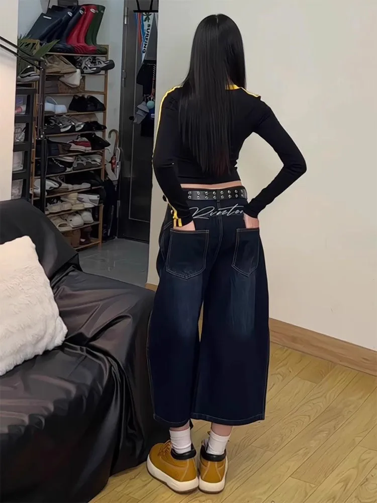 حجم كبير الأمريكية با خياطة الربط سكين الجينز المرأة الخريف جديد واسعة الساق سبعة أقدام orts الدنيم السراويل عالية الخصر