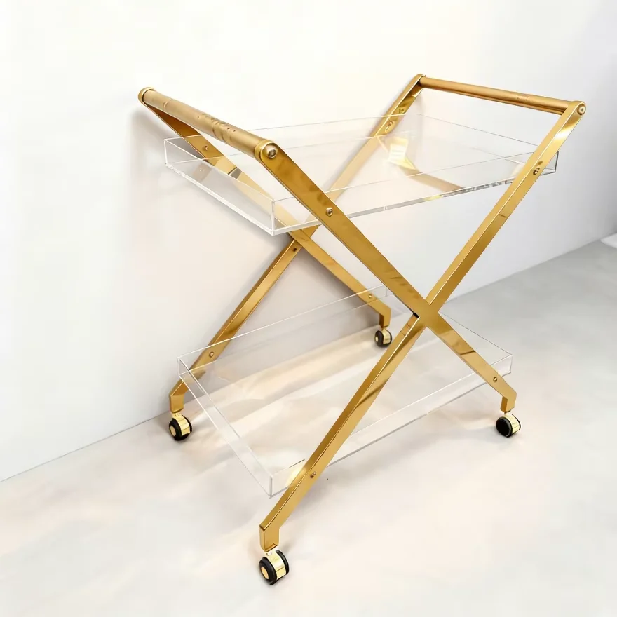 Modern Mobile 2-Tier Acrylic Storage Cart With Gold Frame-4-Wheel Hotel Serving Trolley Hotel Cart Trolley Hotel Trolley Cart