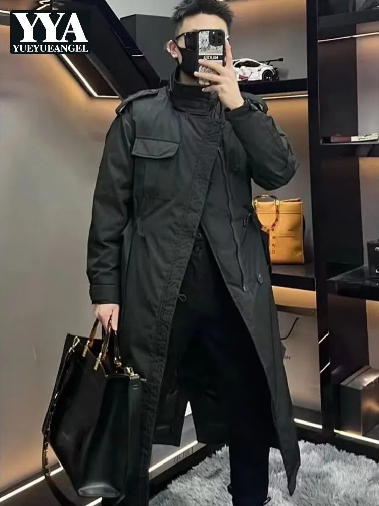 Autumn Winter Men Sashes Down Jacket Stand Collar Zipper Black Down Coat Loose Mid-length Warm Overcoat Retro Puffer Jackets