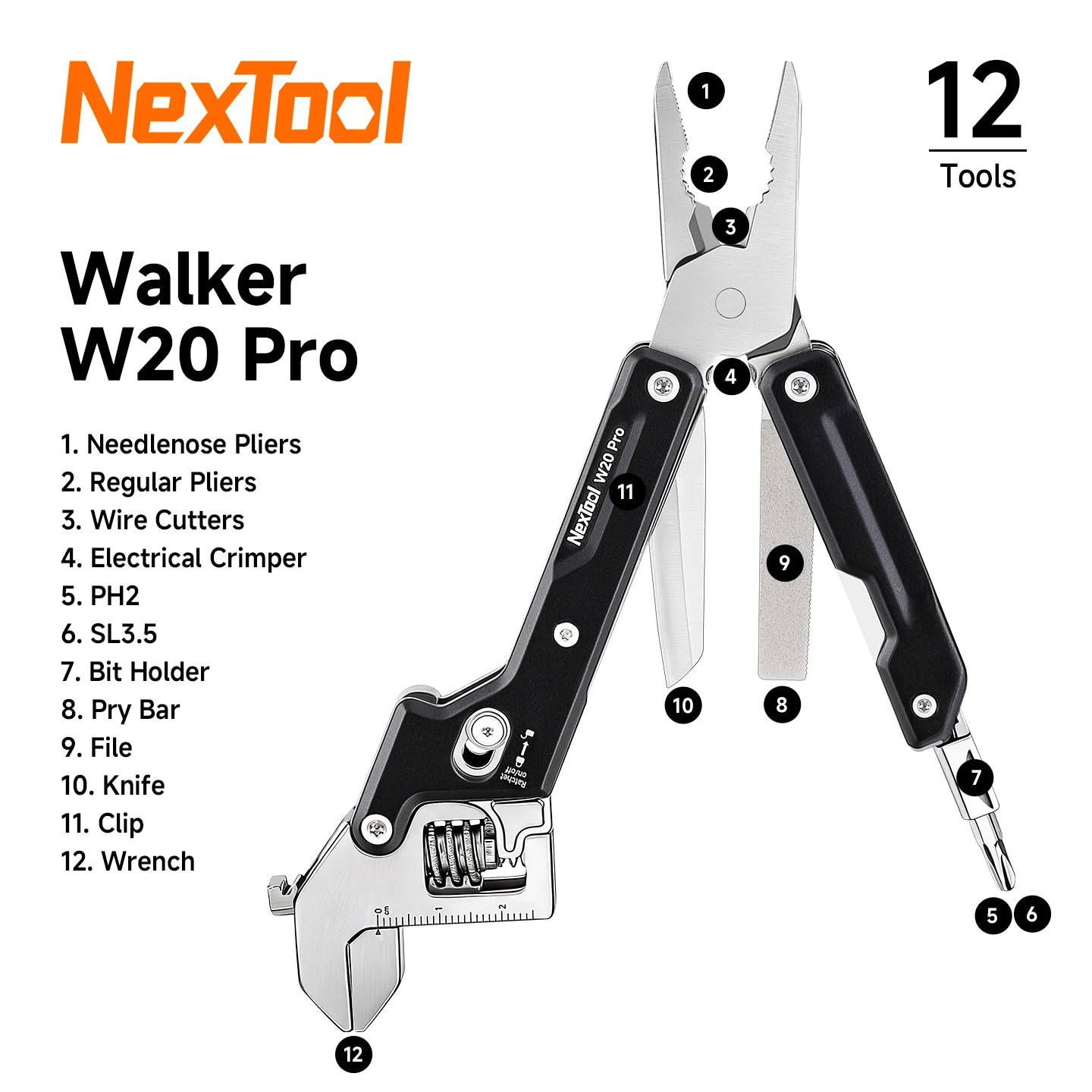 Nextool W20 Pro Wrench 12 in 1 Adjustable Wrench Multitool Pliers Portable EDC Pocket Tool for Outdoor Home Repair