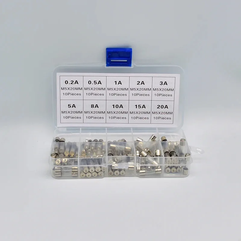 

100pcs 5x20mm Quick Blow Glass Tube Fuse Assorted Kit Amp 0.2A 0.5A 1A 2A 3A 5A 8A 10A 15A 20A 250V with Storage Box