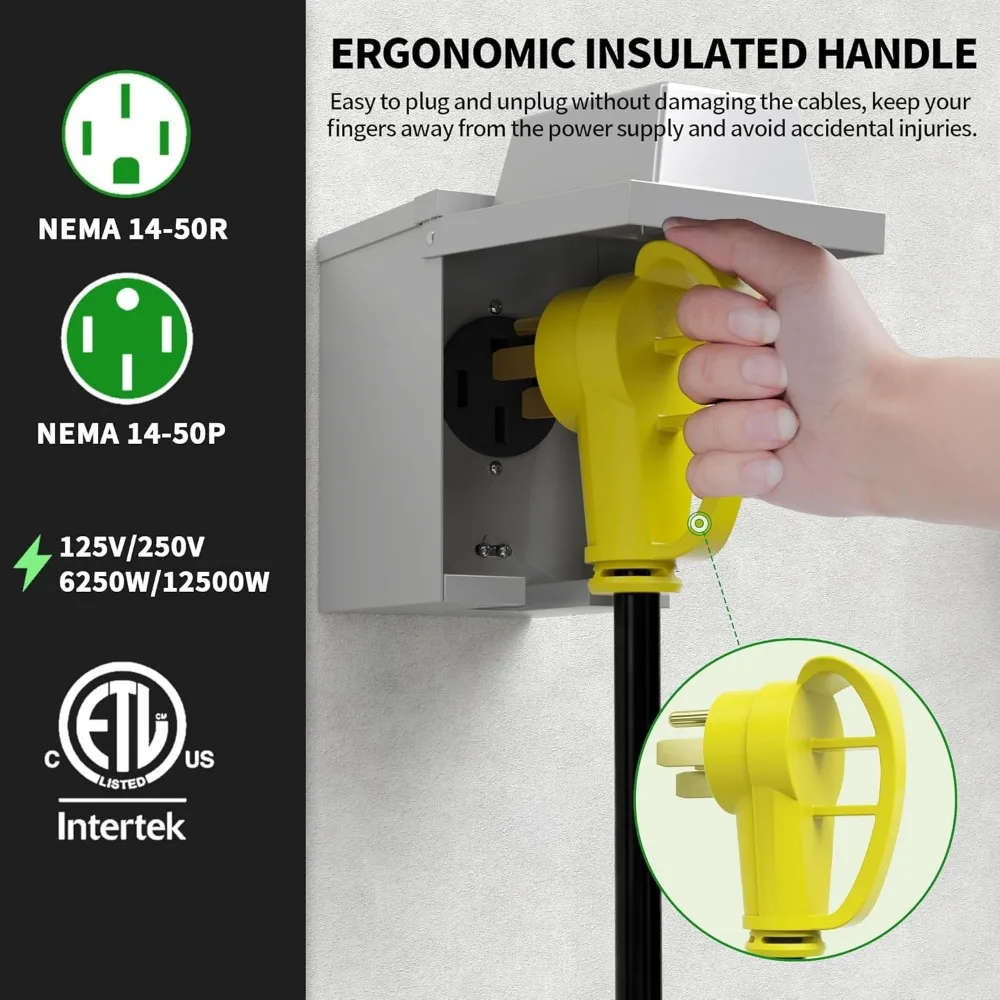 سلك تمديد 25 قدم 50 أمبير RV/EV، مقاوم للماء شديد التحمل مع مقبض قبضة، مرن 4 شقوق للاستخدام الخارجي، مدرج ETL