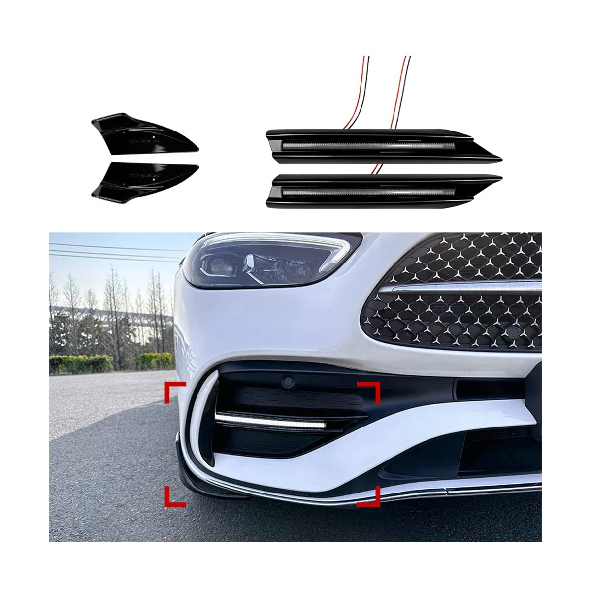 Front Bumper Lip Spoiler Splitter DRL LED Daytime Running Light for C-Class W206 C200 C300 C43