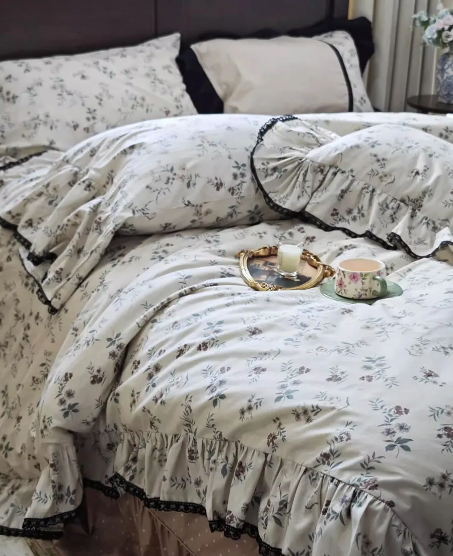

Vintage pastoral floral bedding set,full queen king retro ruffled flower cotton home textile bedspread pillow case duvet cover