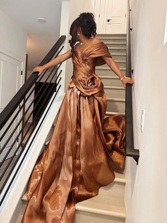 Sexy Off The Shoulder Ruched Satin Prom Dress Brown Satin Ruched High Split Evening  Gowns Sweep Train Formal Party Dress