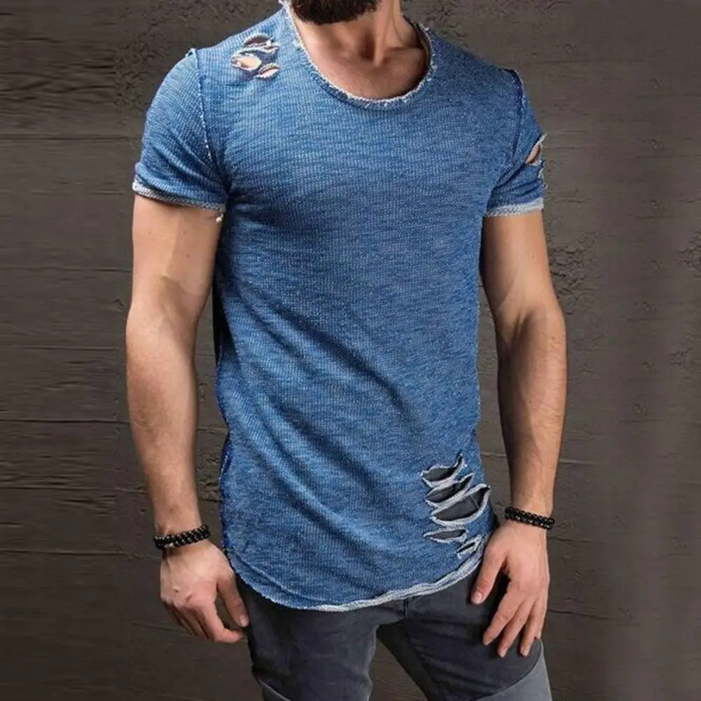 Cotton Blend Stylish Hole Design Top Pullover Cloth Men Shirt Solid Color Casual Short Sleeve T-Shirt Men Clothes for Running