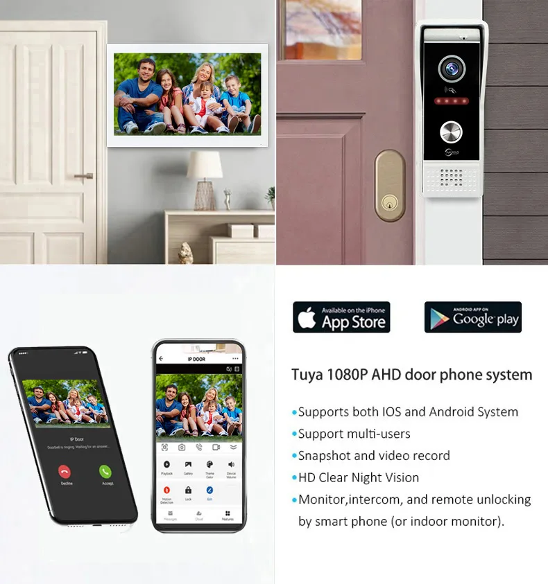 Video Intercomunicador sem fio com sistema de controle de acesso RFID, Smart Home APP, Video DoorPhone, Tuya, WiFi, 7 pol, 10 pol, 1080P, Novo