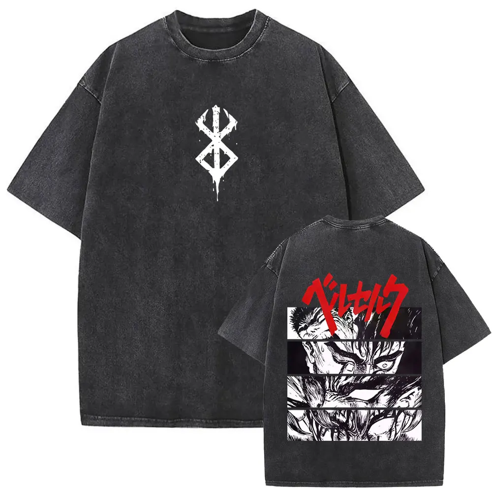 Japanese Anime Berserk Guts Vintage Washed T-shirt Retro Skull Knight Gatsu Griffith Zodd T Shirts Men Manga Oversized T-shirts