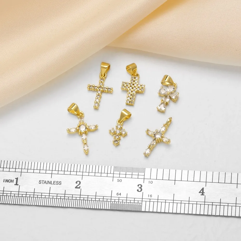 OCESRIO Copper Gold Plated Crystal Marquise Cross Pendant Small Crucifix Charm for Jewelry Making Supplies DIY Necklace chma646
