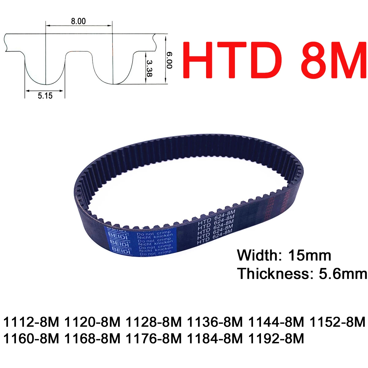 1Pc Width 15mm 8M Rubber Arc Tooth Timing Belt Pitch Length 1112 1120 1128 1136 1144 1152 1160 1168 1176 1184 1192mm Drive Belt