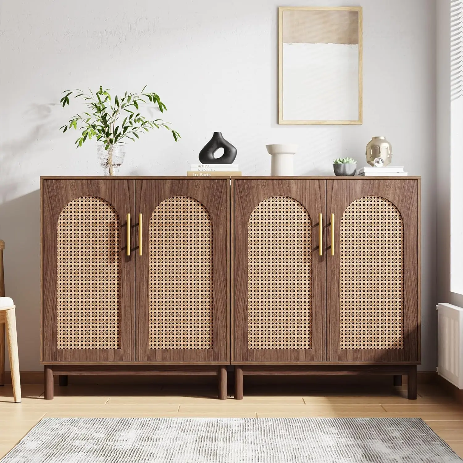 

Set of 2 Rattan Sideboard Buffet Cabinet with Storage, 59 Inch Accent Cabinet with Doors, Storage Cabinet for Dining Room