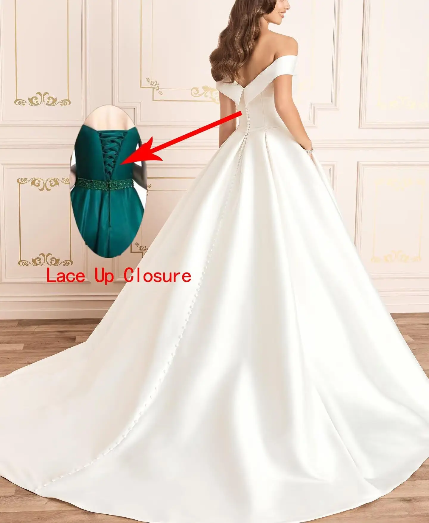 Abiti da sposa personalizzati con spalle scoperte Sweet A Line per la sposa con tasche Abiti da sposa lunghi in raso per le donne con strascico