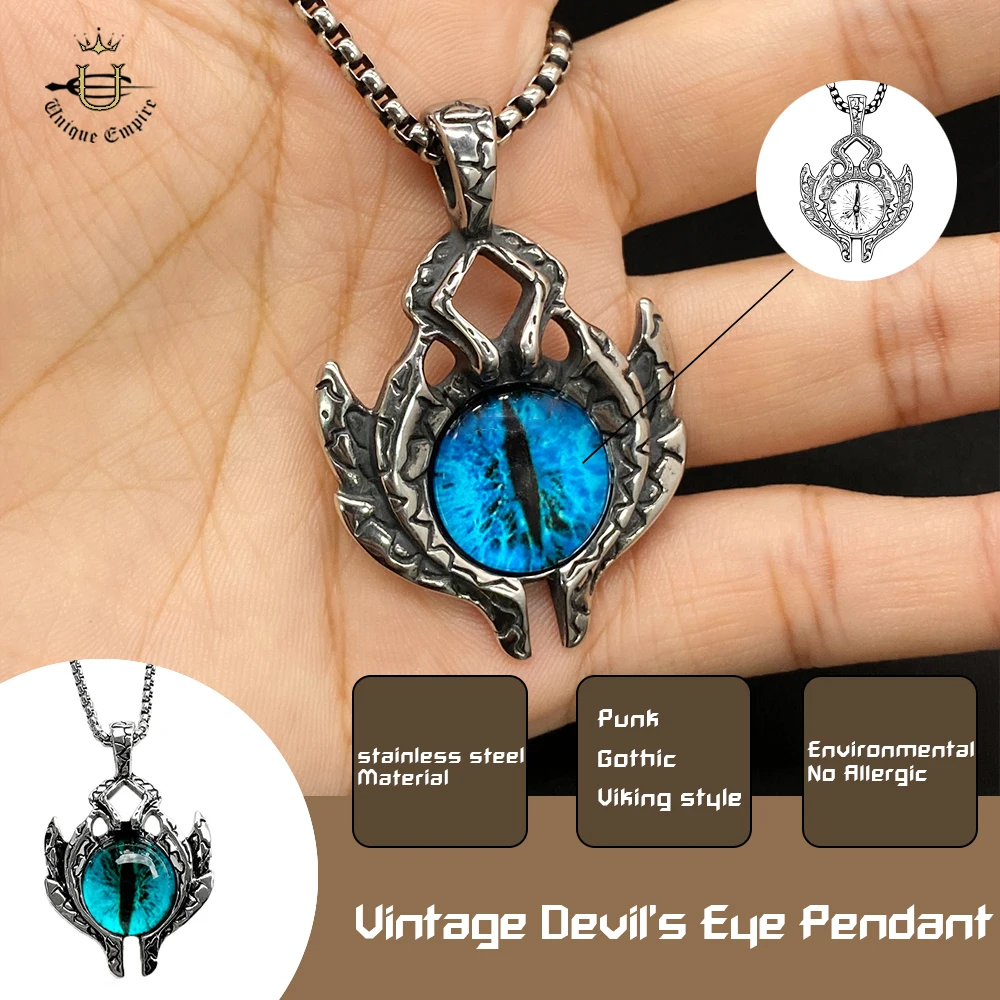 

Vintage Devil's Eye Pendant Necklace for Men Blue Evil Eye Stainless Steel Gothic Punk Jewelry Biker Chain Halloween Gift