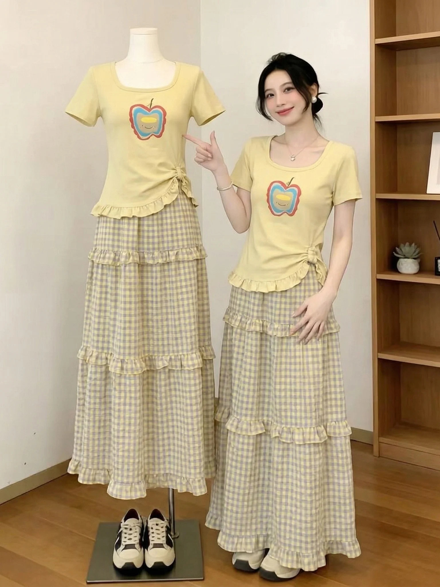 

plus Size Women's Summer Outfit Dopaamine Anti-Aging Yellow Short Sleeve Plaid Cake Skirt Two-Piece Set Fashionable Commute S...
