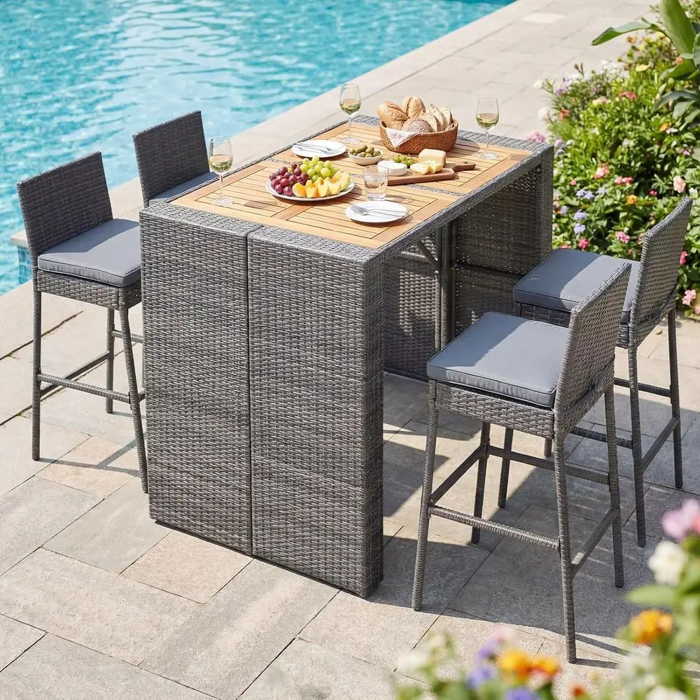 Grey Wicker Rattan Outdoor Bar Set with Acacia Wood Top and 4 Cushioned Stools for Patio or Backyard