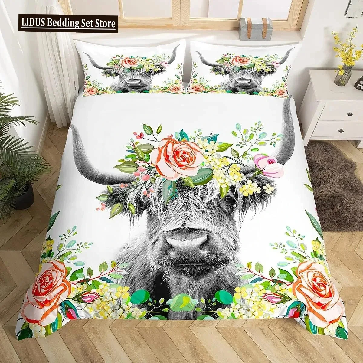 Highland Cattle Duvet Cover Set Cute Floral Cow Twin Bedding Set Yellow Sunflower Comforter Cover Animal Polyester Quilt Cover