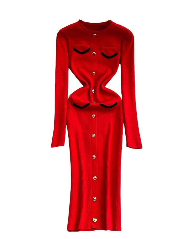 한국 슬레 니트 라운드 네드 여성 슬림핏 롱 스커트 하이웨이스트 엘라스틱 메탈 블루 가을 겨울 패션 드레스