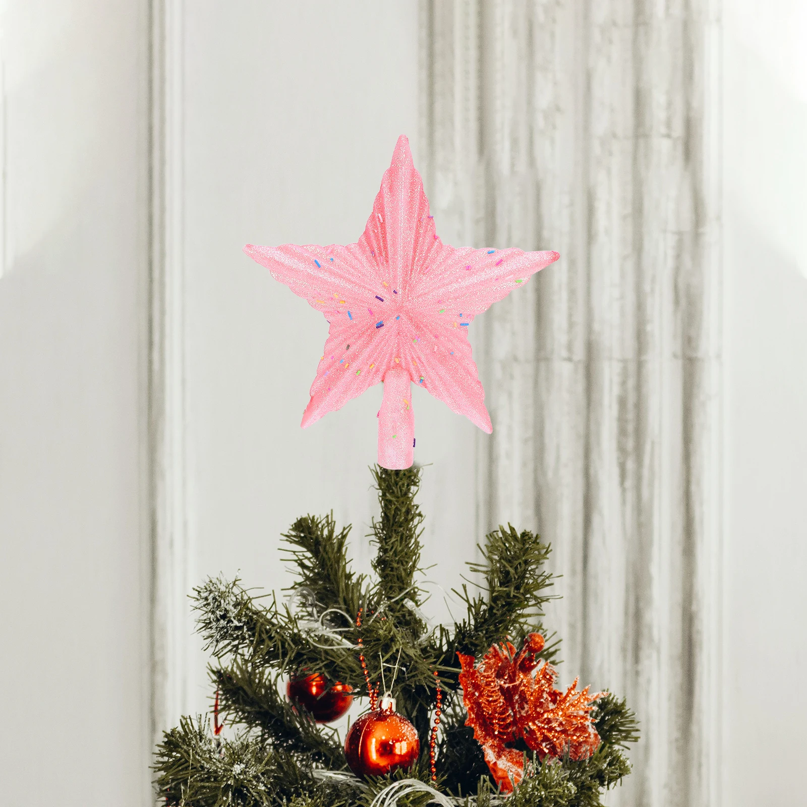 

Pink Glitter Star Christmas Tree Topper 8 Inch Shatterproof Plastic Five Pointed Star Waterproof Holiday Xmas Tree Decoration