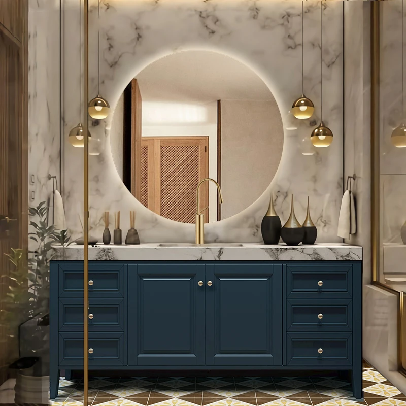 American Retro Bathroom Cabinet Combination Bathroom Sink Washbasin, Rock Board Washbasin, Oak Baked Paint Floor Standing